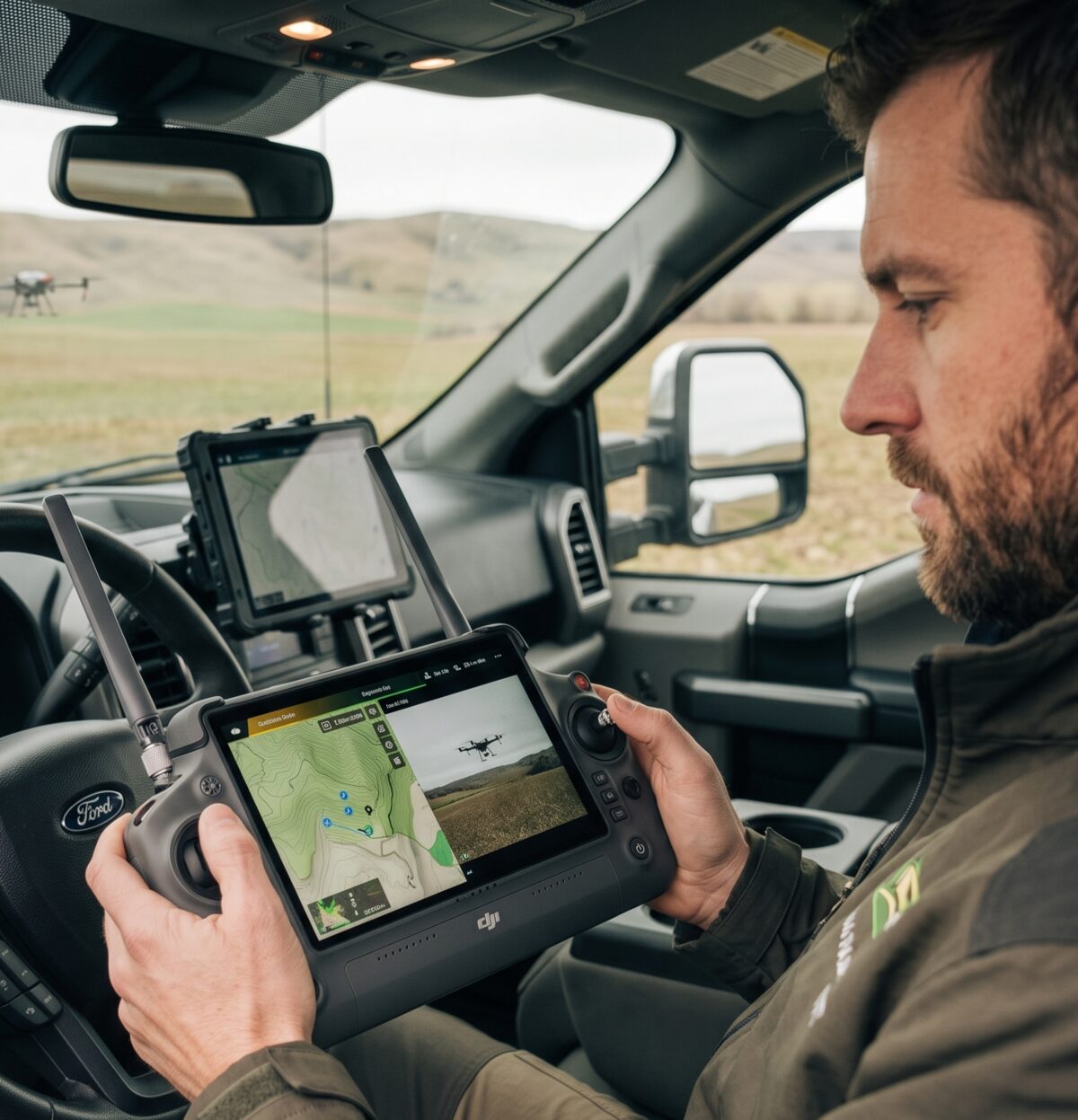 Operador dentro da caminhonete controlando o drone agrícola pelo controle DJI